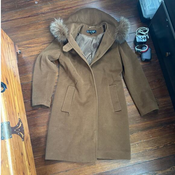 Ellen Tracy Wool Camel Coat Fox Fur Hood - Picture 1 of 5